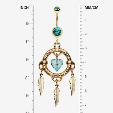 Detail View 1 of Golden Heart Hoop Dream Catcher Belly Ring-Teal